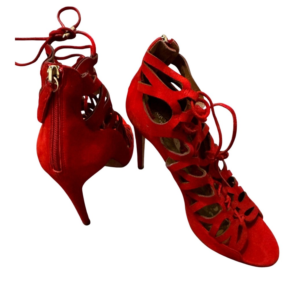 Aquazzura Fireze Gladiator Sandals Red Suede Heels Lace Stiletto Size 41/US 10.5